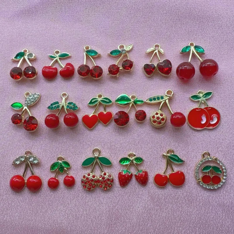 12pcs Amazon Red Cherry Keychain DIY Accessories Water Diamond Resin Fruit Pendant Car Women's Bag Pendant
