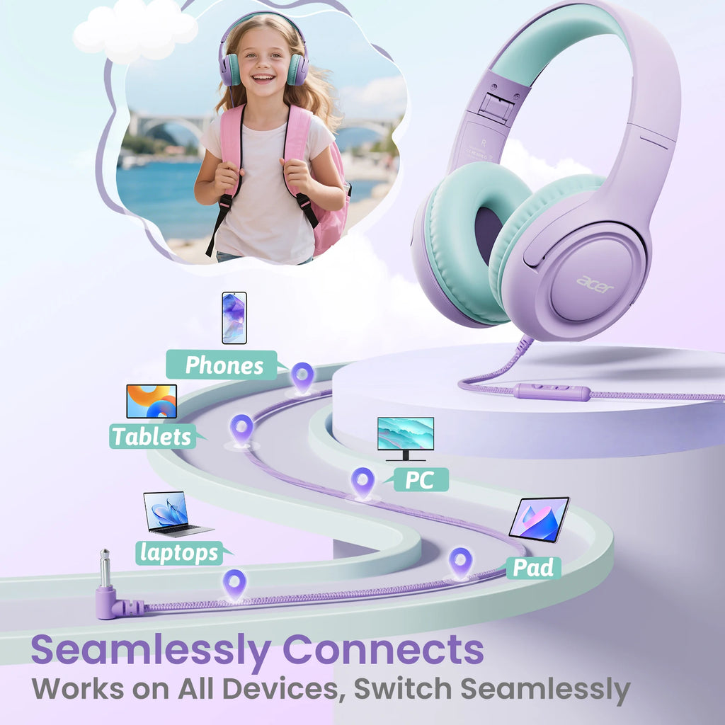 Acer Kids Headphones with Cord for School Over-Ear 85/94dB Volume Limiter 3.5mm Jack Foldable Stereo Headset for Toddlers