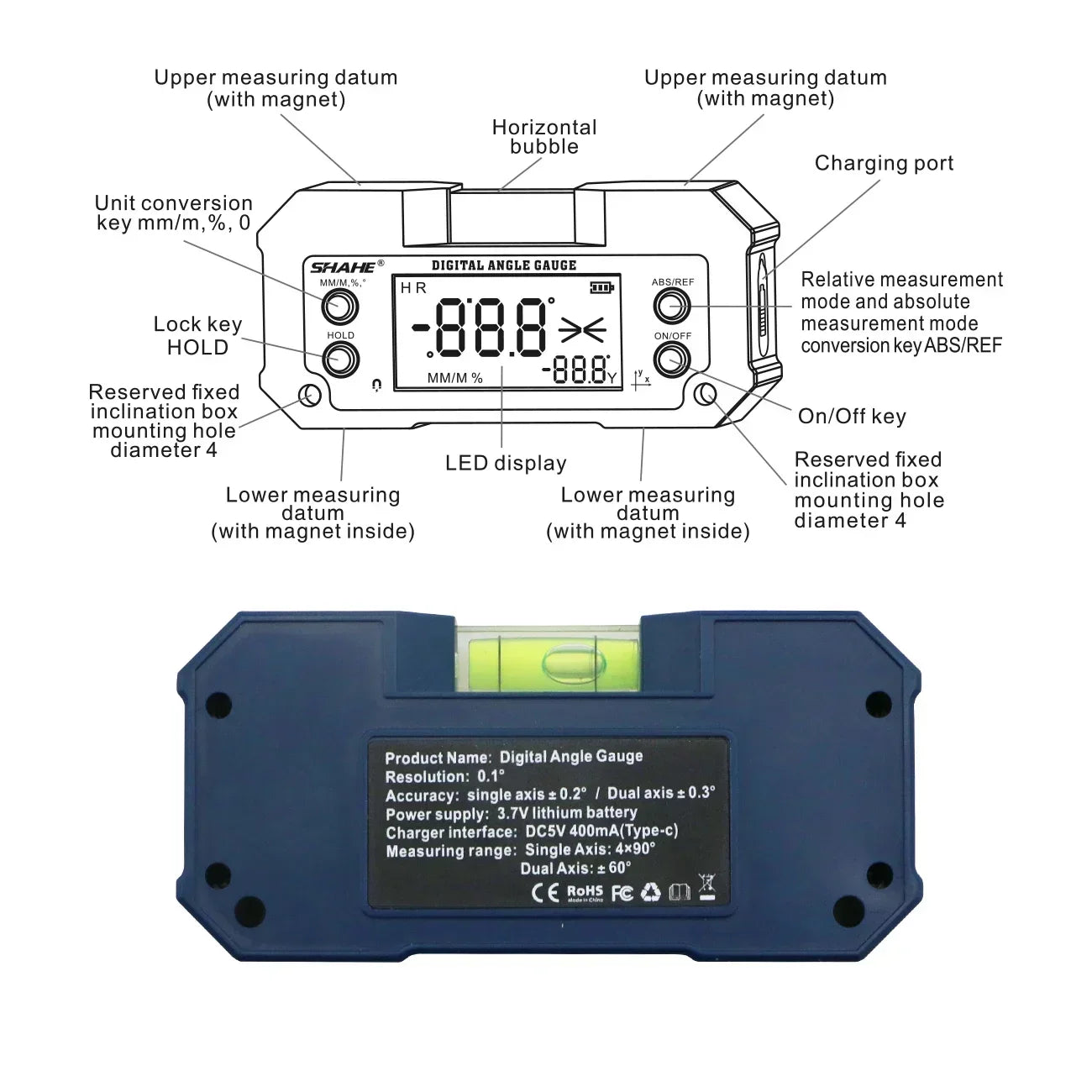 SHAHE Dual Axis Digital Protractor Inclinometer Rechargeable Digital Angle Finder Level Box With Optional Wireless Transmission