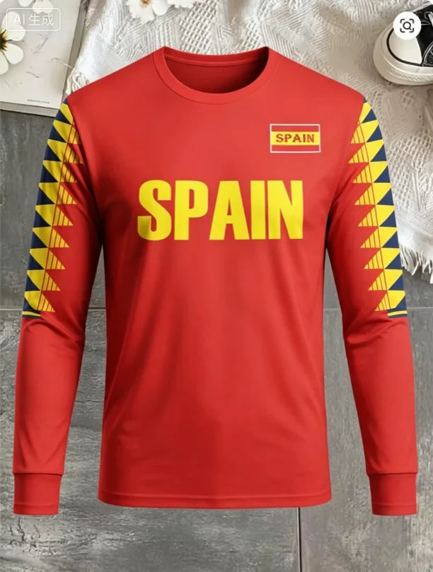 Spanish round neck long sleeved T-shirt quick drying versatile fashion print competition training daily outfit