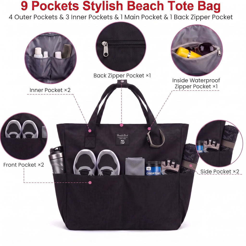 35L Large Gym Tote Bag for Women Soft Waterproof Polyester Yoga Handbag Multi Pocket Work Travel Beach Bag With Shoe Compartment