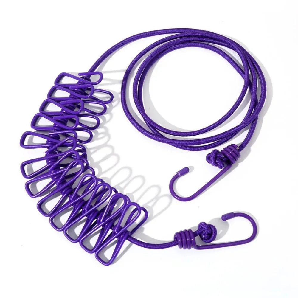 12 Non Slip Clips Windproof Elastic Travel Clothesline with Hook for Outdoor Camping Beach Dormitory RV Portable Drying Tools
