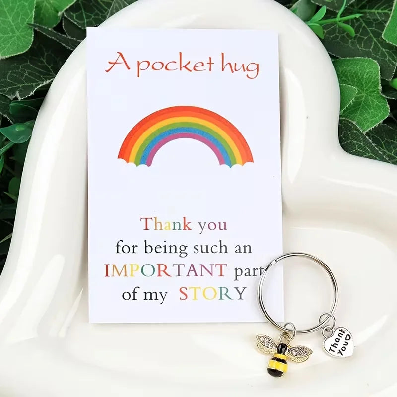 10 Bee-Themed Thank You Cards with Keychains, Perfect for Birthdays, Weddings, Teacher's Day, Graduation Ceremonies, and Back-To-School Season, Featuring a Hug Symbol and a Proud Rainbow Design on the Cards — an Ideal Gift