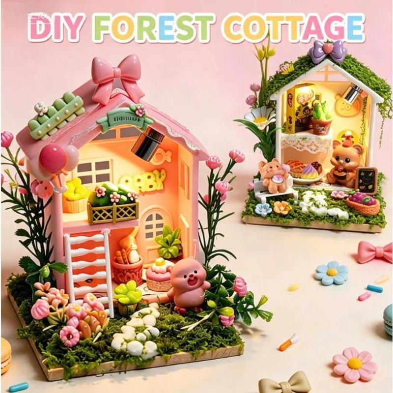Kawaii Fairy House Craft Kit with LED Lights DIY Miniature Scene 3D Assembly Craft Model for Shelf Decor Christmas Birthday Gift