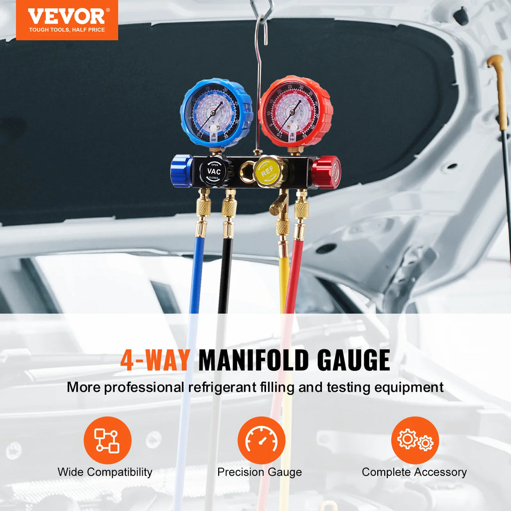 SucceBuy 4 Way AC Gauge-AC Manifold Gauge Set with 5ft Hoses for R134A/R22/R12/R410A Work on Car Freon Charging and Evacuation