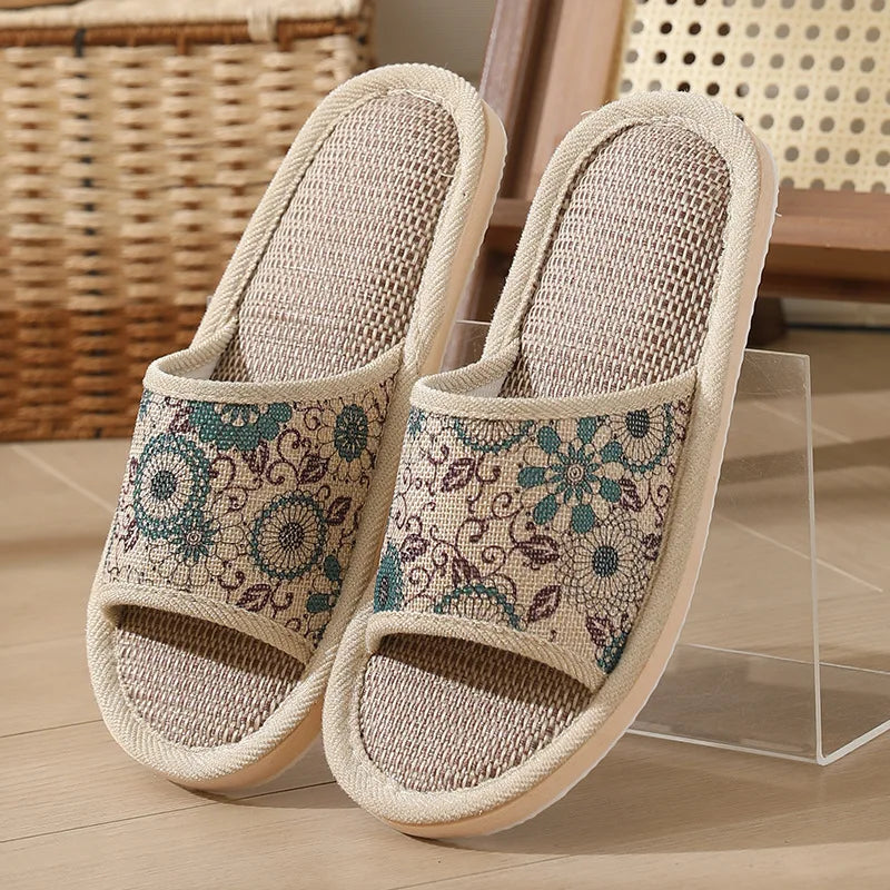 Autumn Winter Women Floor Slippers Retro Linen Open-toe EVA Thick Bottom Casual Sandals Indoor Home Couples Slippers Shoes