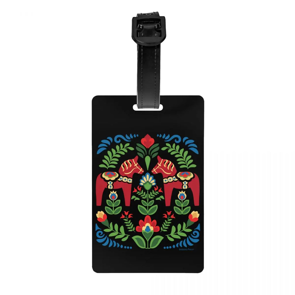 Custom Swedish Folk Cats Luggage Tag With Name Card Privacy Cover ID Label for Travel Bag Suitcase