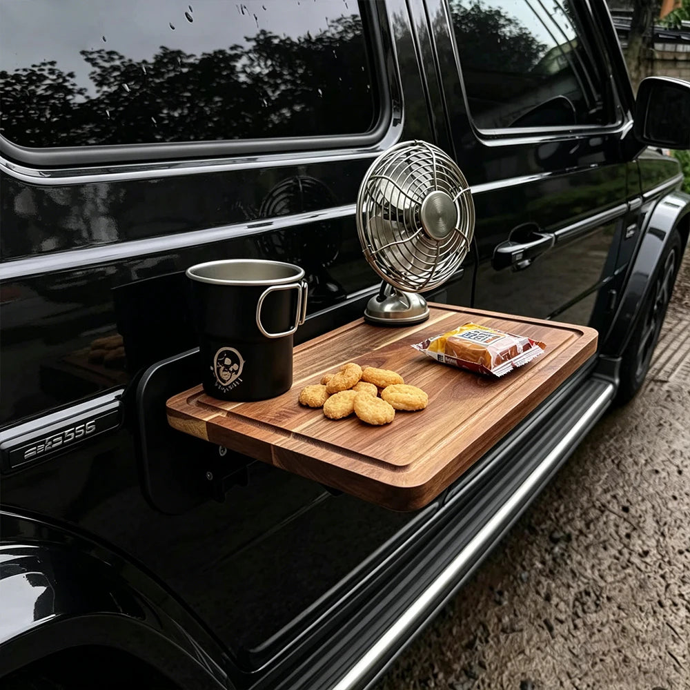 1PC Car Side Folding Wooden Table Outdoor Camping Vehicle Door Mount Tray Auto Cup Holder Storage Rack SUV Travel Accessory