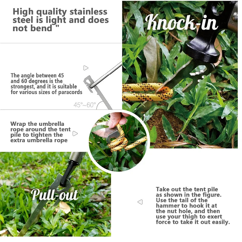 Tent Stakes 11 inch 6-PCS Multifunctional Stainless Steel Heavy Duty Metal Peg 2.47 oz Light Weight Portable Wind-Resistant Size