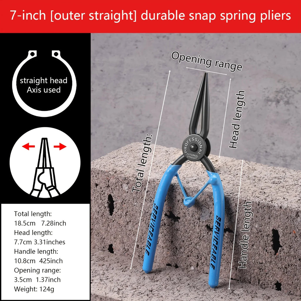 Snap Ring Pliers, 7-Inch Heavy Duty Internal/External Circlip Pliers with Straight & Bent Jaw Tips, Spring-Loaded
