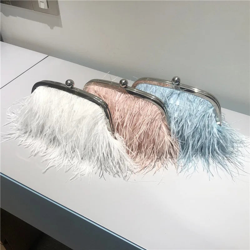 New Ostrich Hair Evening Clip Clutch Bag Fashion Lady Wedding Party Pouch Bag Chain Shoulder Crossbody Ostrich Feather Bag
