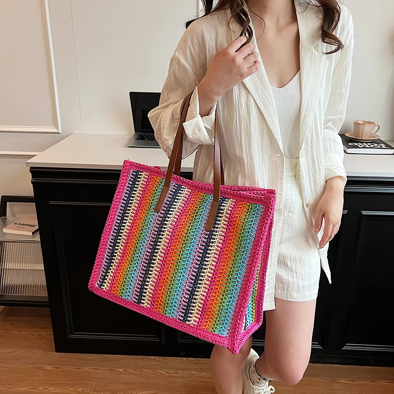LEFTSIDE Stripe Big Straw Tote Bags for Women 2025 Y2k Fashion Summer Shoulder Bags Handbags and Purses Weave Beach Bag