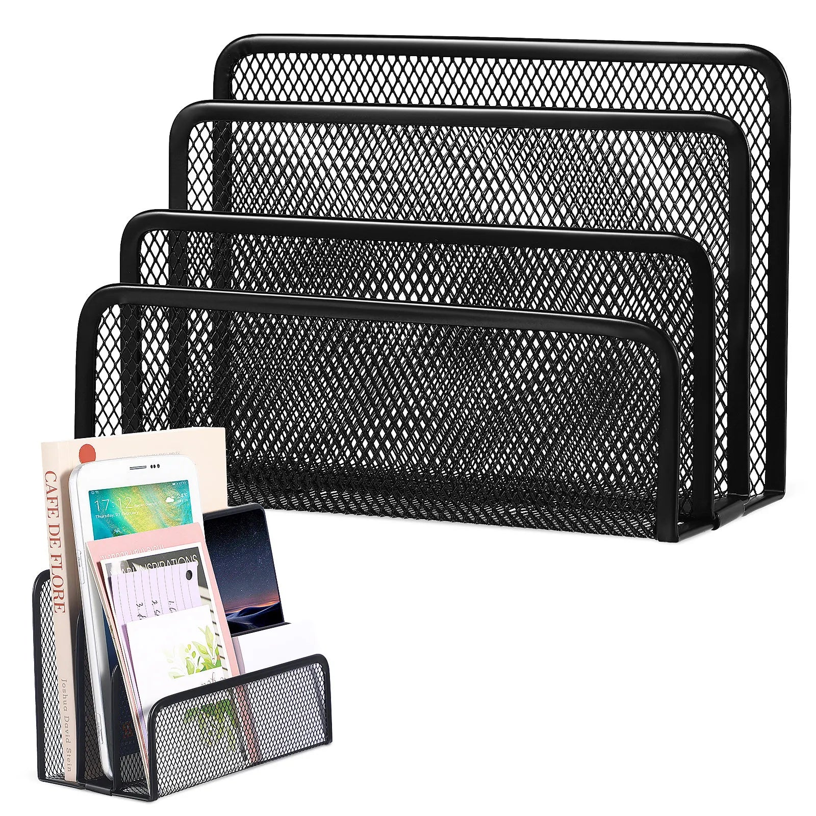 Three-Section Metal Mesh Desk File Holder Upright Document Organizer Desktop File Sorter Letter Brochure Magazine Storage Rack