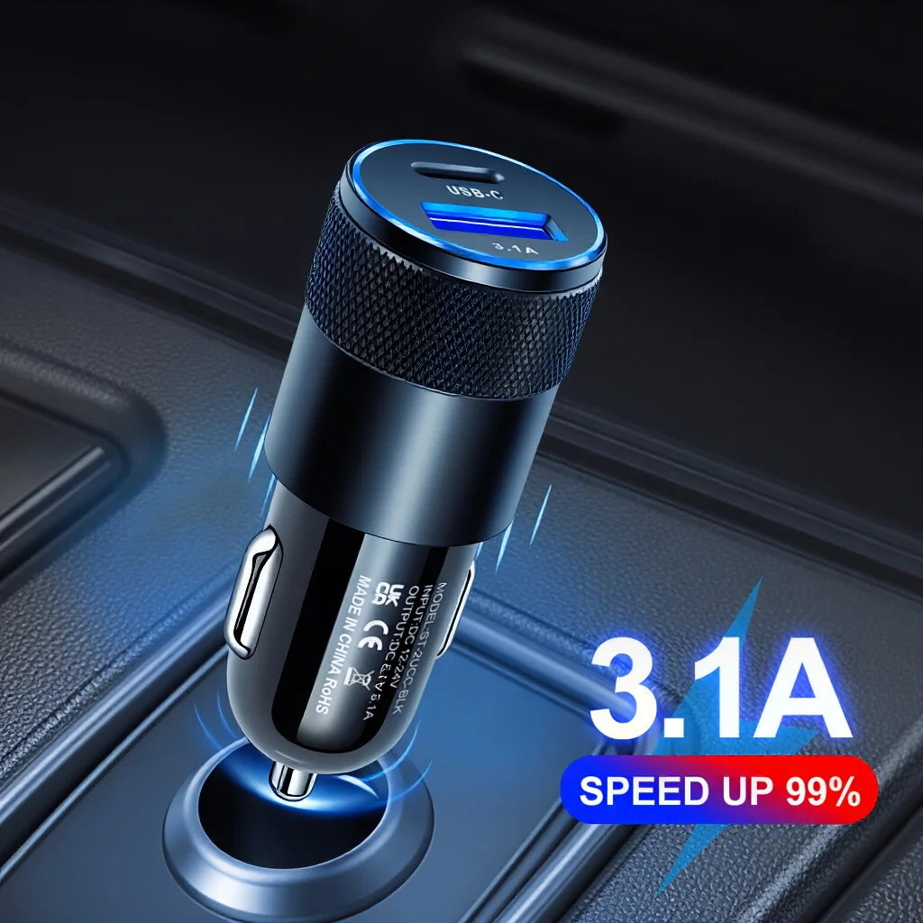 Dual USB Car Charger 15W Fast Charging Type C Adapter Constant Temperature  Metal Textur Car Phone Charger For iPhone For Samsun