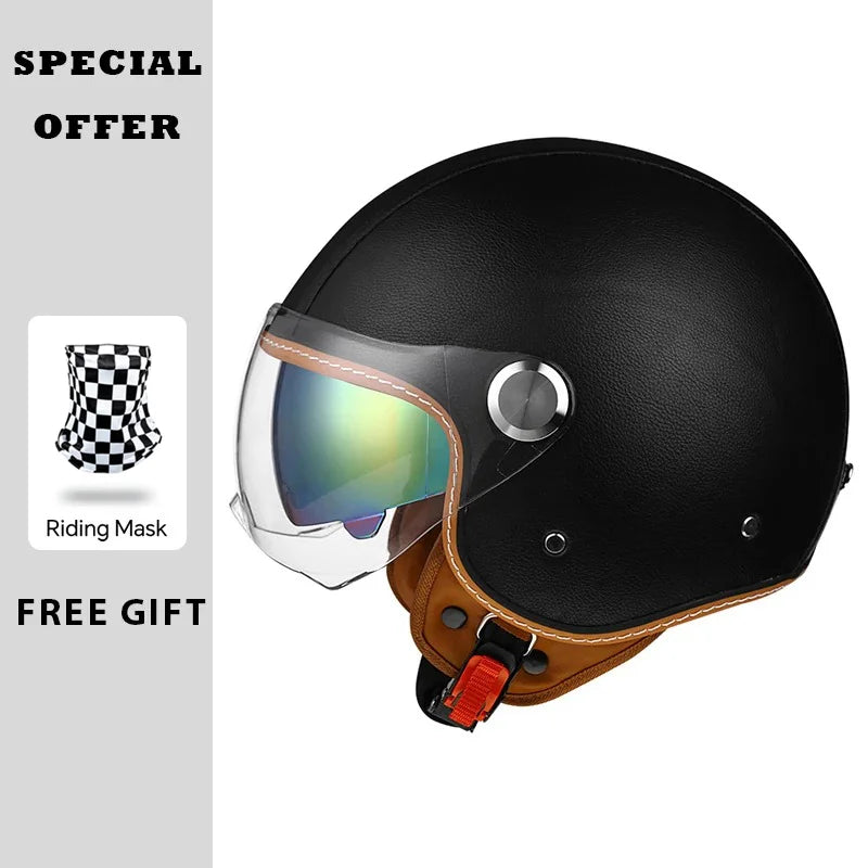 Open Face Helmet Vintage Leather Motorcycle Helmets Double Visor DOT Approved Retro 3/4 Jet Half Helmet with Inner Lens