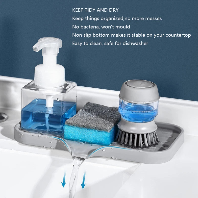 2PCS Silicone Faucet Mat Sink Tray Soap Dispenser Sponge Drain Pad Sink Splash Drying Mat Countertop Storage Tray SoapTray