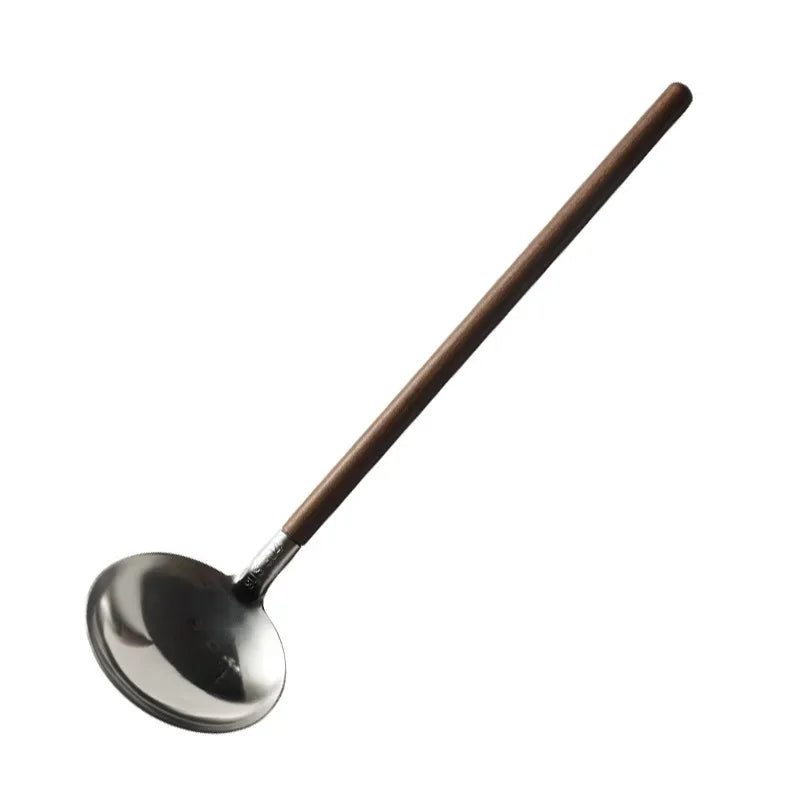 Japanese Wooden Handle Soup Spoon 304 Stainless Steel Mini Strainer Spoon Spatula Hot Pot Ladle Tableware Colander Cooking Tools