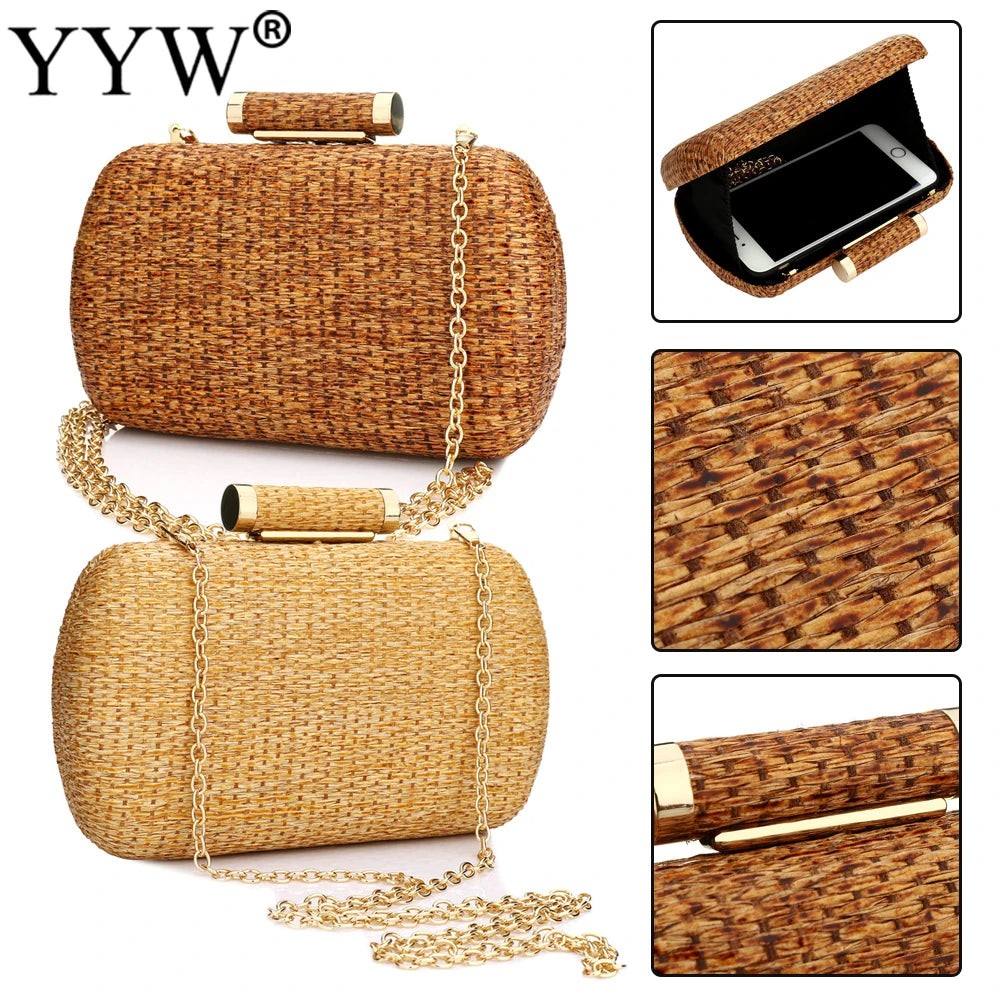 Straw Weave Woven Shoulder Bag For Women Beach Holiday Casual Handbag Ladies Wedding Party Banquet Evening Bags Chain Purse Case