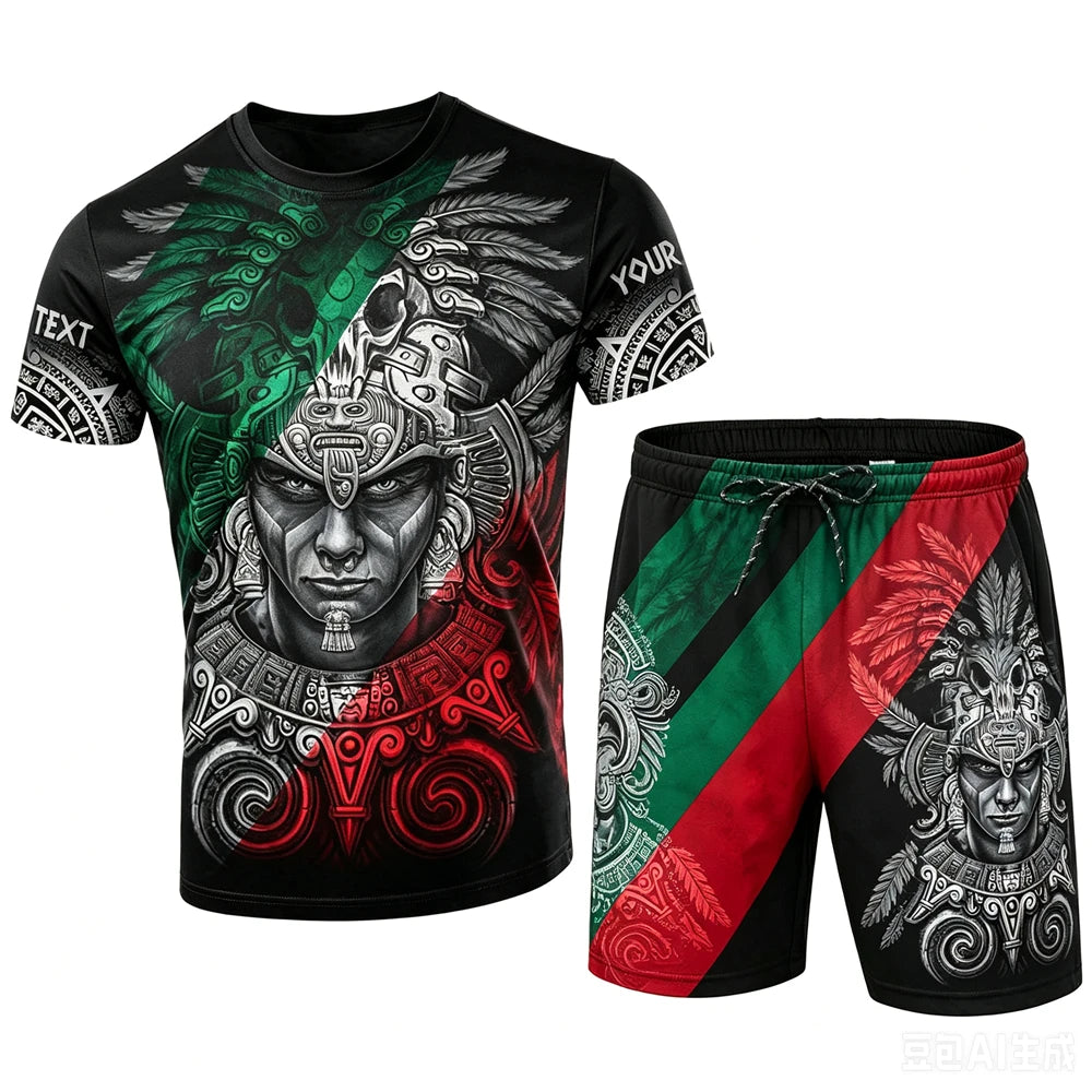 Mexico National Flag Pattern Men's Sets Fashion 3D Eagle Printing Short Sleeve Tees and Shorts 2 Piece Casual Loose Summer Suits