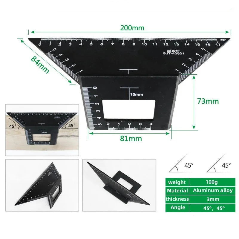Multi Functional Aluminum Alloy Square Ruler, 45 Degree and 90 Degree Angle Measuring Ruler, Woodworking Measuring Tool