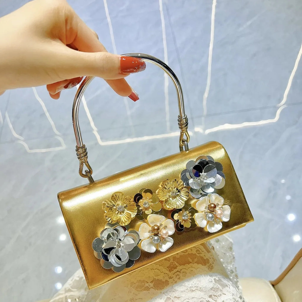 Fashion Glossy Handbag Women's 3D Sequined Flower Evening Bags Celebrity Ladies Formal Wedding Party Clutch Bags Crossbody Purse