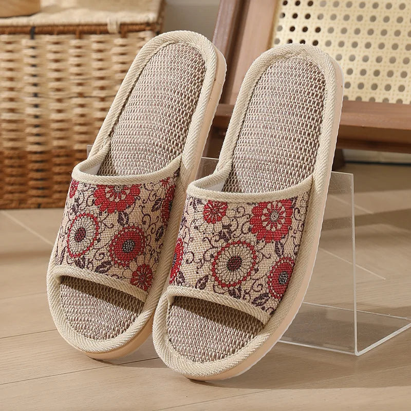 Autumn Winter Women Floor Slippers Retro Linen Open-toe EVA Thick Bottom Casual Sandals Indoor Home Couples Slippers Shoes