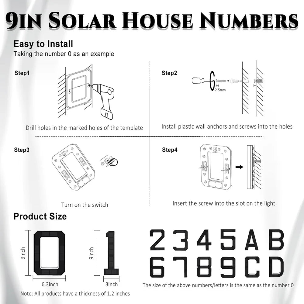 23cm Solar Lighted House Numbers for Outside, Light Up Waterproof LED Address Numbers Signs for Houses, House Numbers Light