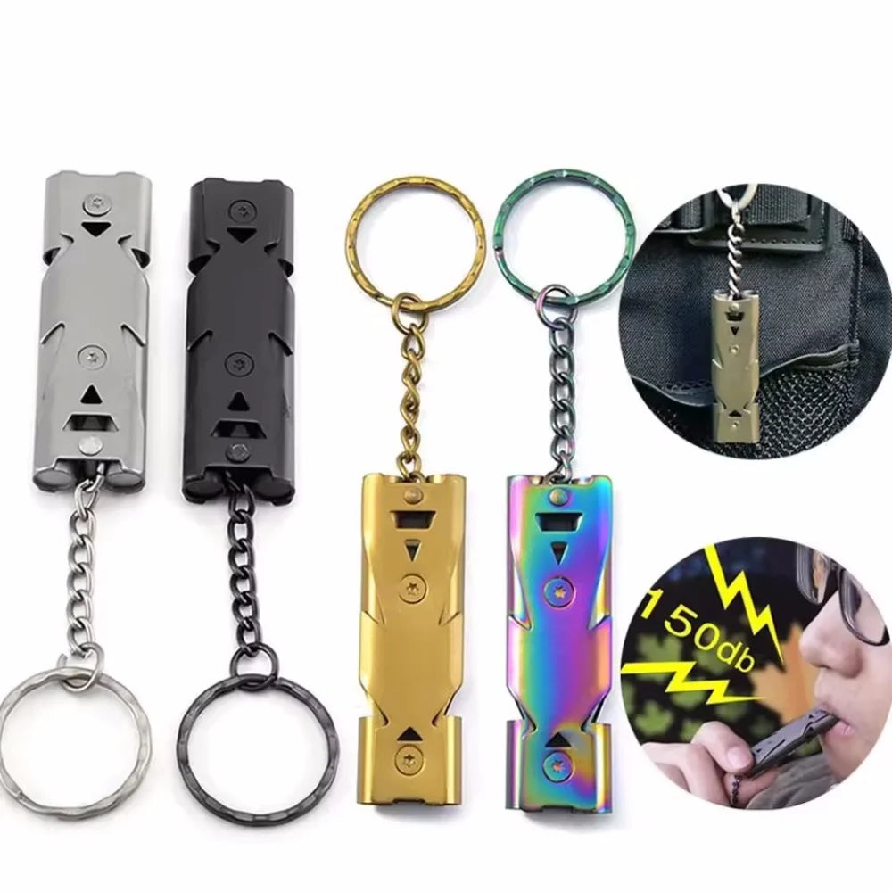 High Decibel Whistle Keychain Stainless Steel Double Pipe Camping Hiking Emergency Survival Whistle Portable Outdoors Tools