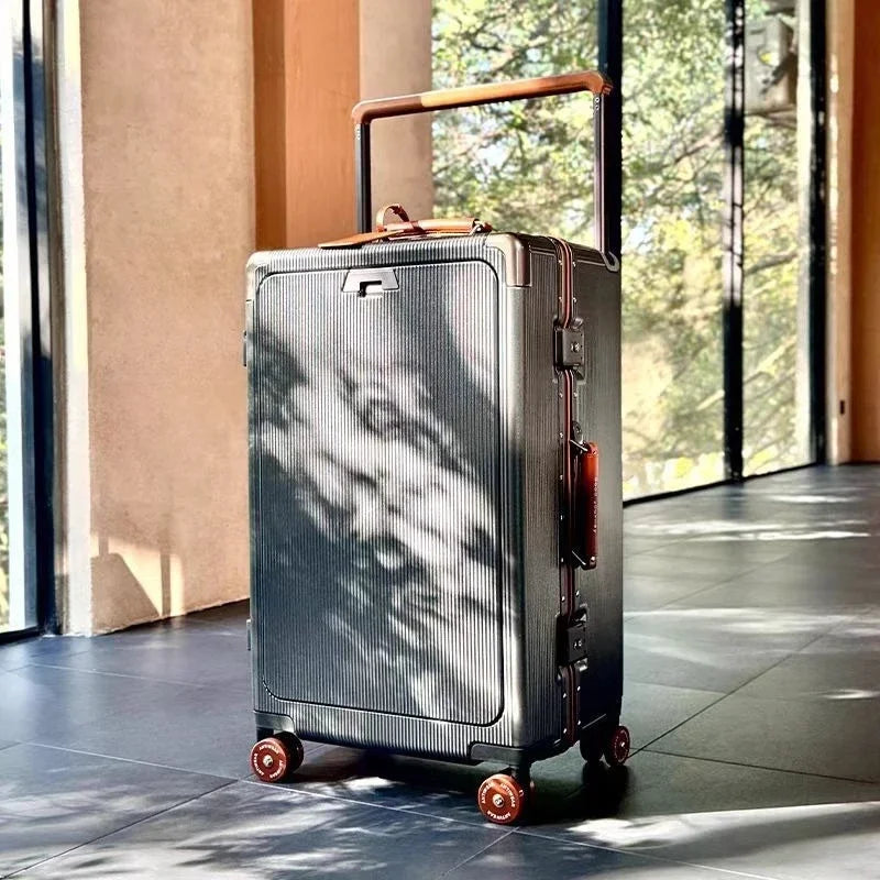 Front opening luggage with aluminum frame, ice skating wheel, leather suitcase, pull rod suitcase, women's suitcase, small suitc