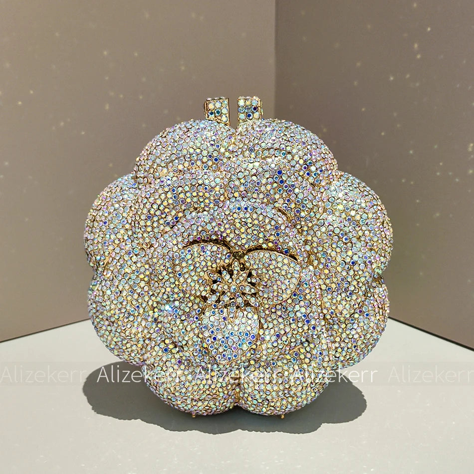 Alizekerr Rose Shaped Crystal Evening Bags Women Gorgeous Boutique Diamond Metal Clutch Purses And Handbags Bridal Wedding Party