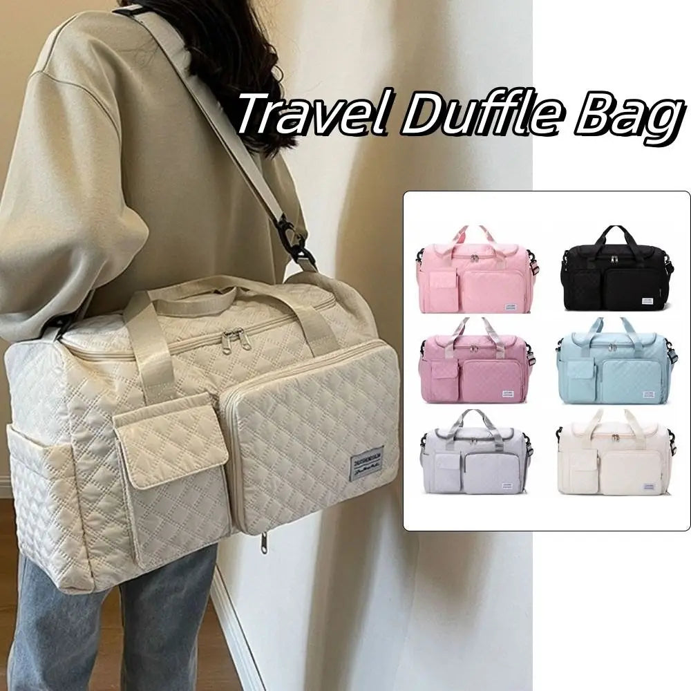 Simple Quilted Travel Duffle Bag Solid Color Oxford Sports Tote Bag Single Shoulder Foldable Travel Handbag Girl