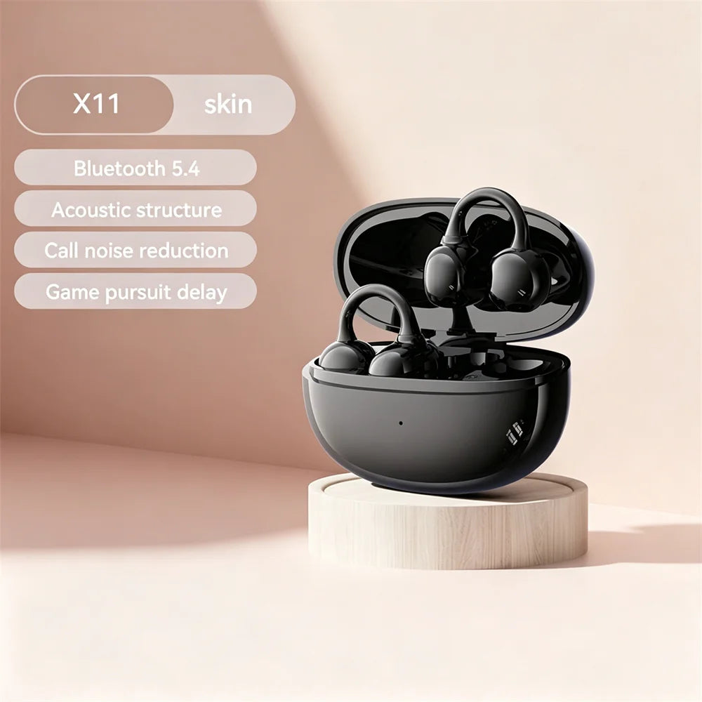 OWS Fashion Ear Clip Bluetooth Wireless Earphone Leather Texture Long Endurance Sports Run Sports Call Noise Reduction Headphone