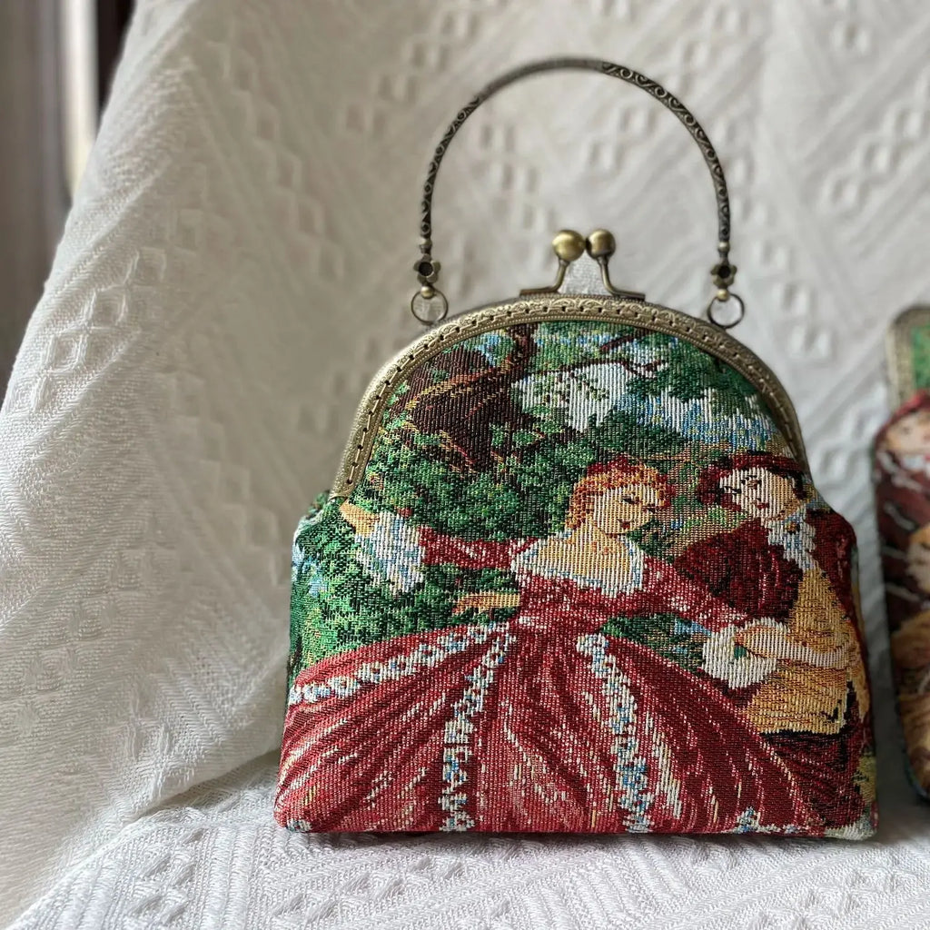Lost in Vintage 1950s Tapestry Figural Purse Aubusson Clutch Figural Bamboo Handle Bag Vibrant Scenic and Romantic Figures Lamb