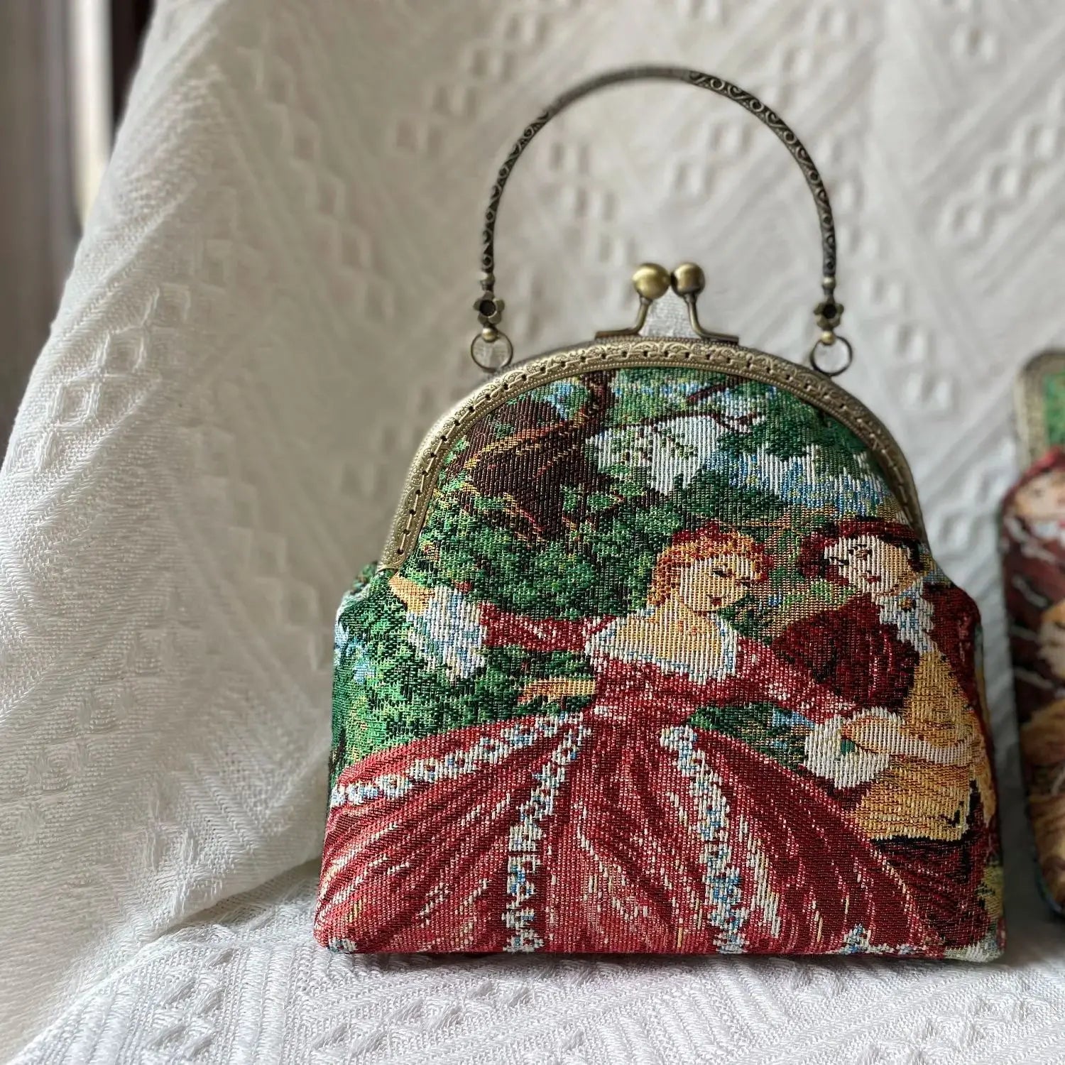 Lost in Vintage 1950s Tapestry Figural Purse Aubusson Clutch Figural Bamboo Handle Bag Vibrant Scenic and Romantic Figures Lamb