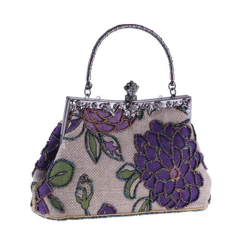 Boutique  Chinese Style Embroidery Floral Women Beaded Evening Purse Bridal Flower Clutch Bag Wedding Party Frame Handbag