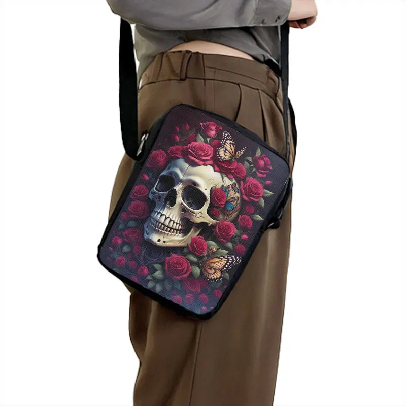 Skull Rose Butterfly Print Crossbody Bag Women Shoulder Bags for Travel Handbags Phone Holder Student Messenger Bags Gift