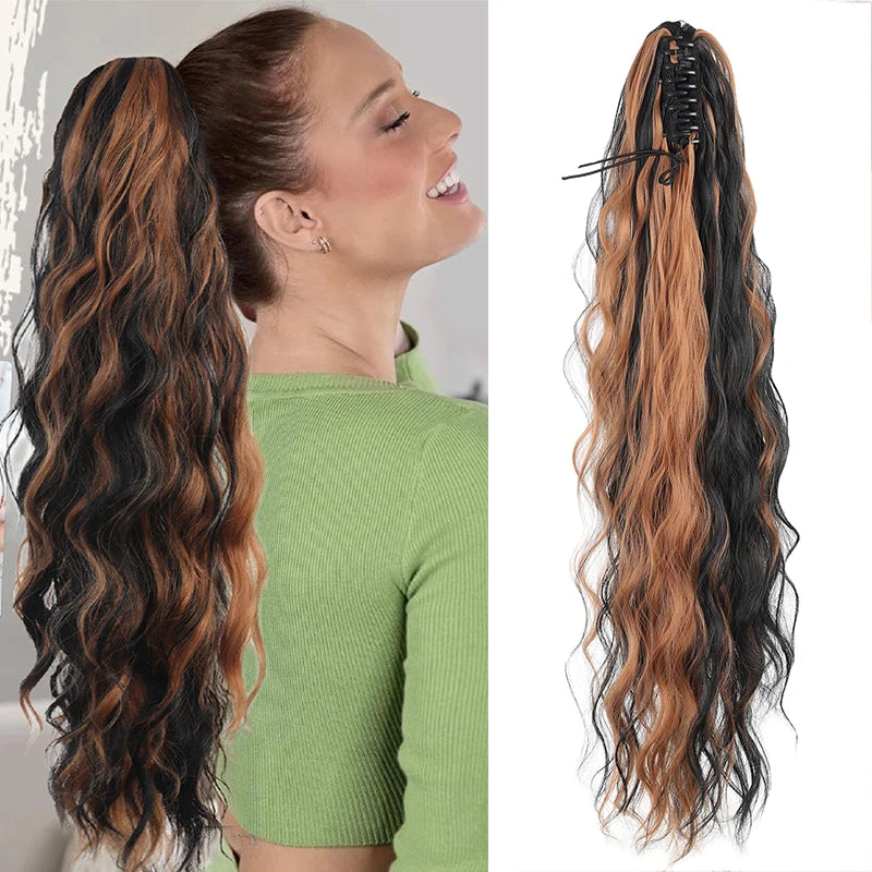 AOOSOO Synthetic Water Ponytail Hair Extension Clip On Woman's Ponytail Hair Accessories Long Curly Wig Natural Curly Black