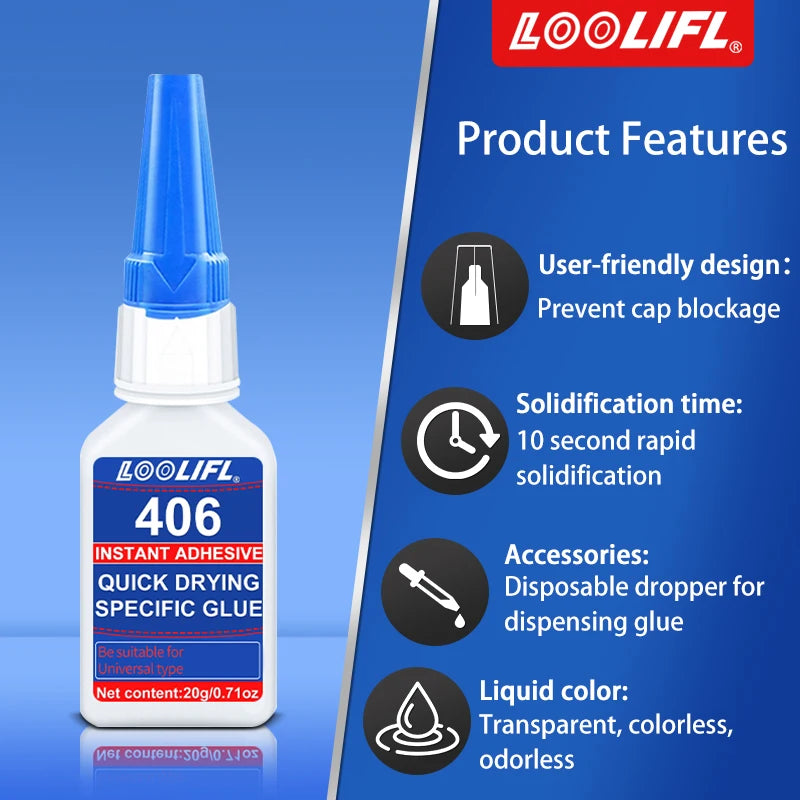 Brand-new upgraded 406 super cyanoacrylate glue, instant drying in 5 seconds, waterproof, stable and versatile bonding tool.