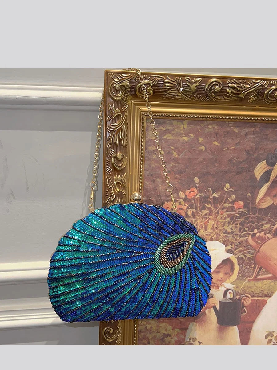 UGALS Chinese Style Bead Embroidery Peacock Shiny Diamond  Handbag Clutch Party Clip-On Shoulder Crossbody Bag