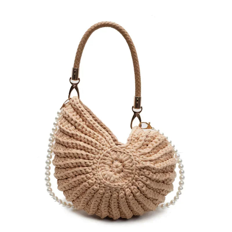 Creative Candy Color Conch Bag For Women Crochet Shoulder Bags Funny Cute Pearls Chains Handmade Weave Crossbody Hobo Shell Bag