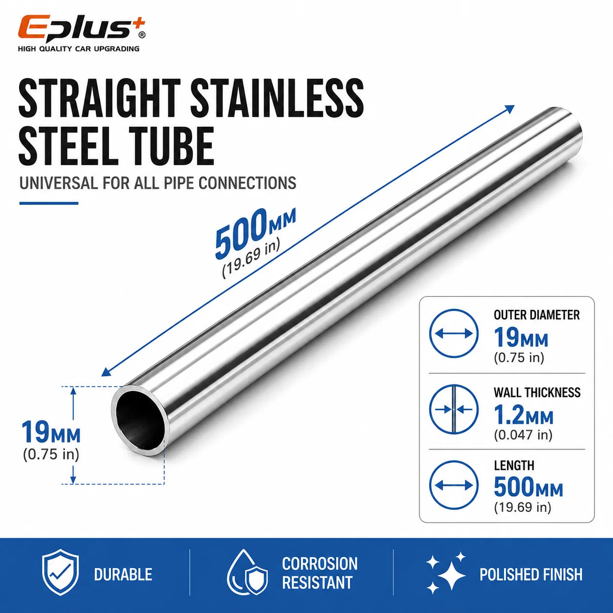 500mm Length 304 Stainless Steel Straight Pipe 1.2mm Thick Universal Round Tube OD 19-89mm for Connections metal tube Adapter