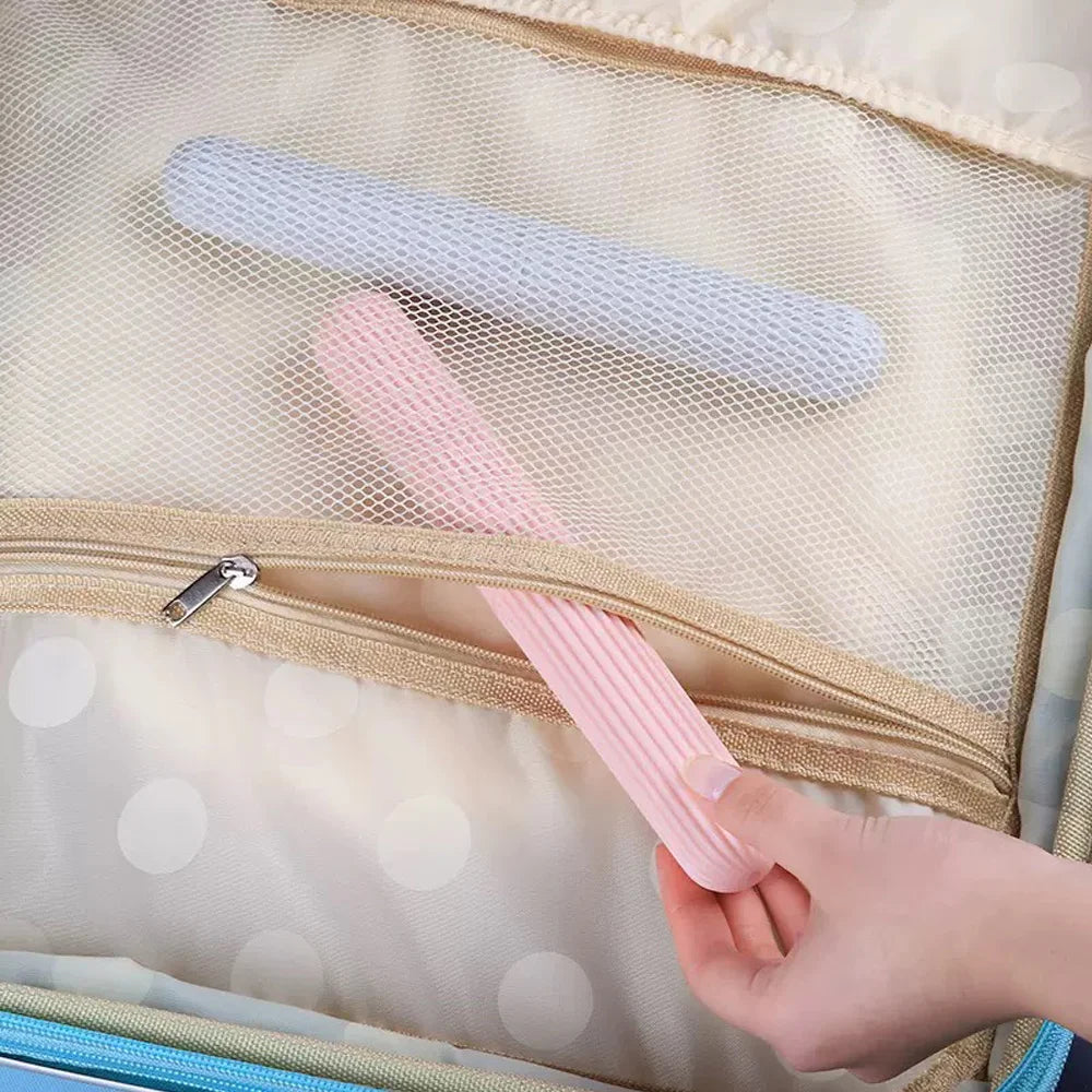 Portable Travel Toothbrush Case - Compact Plastic Holder with Simple Stripes for Bathroom Camping Daily Use