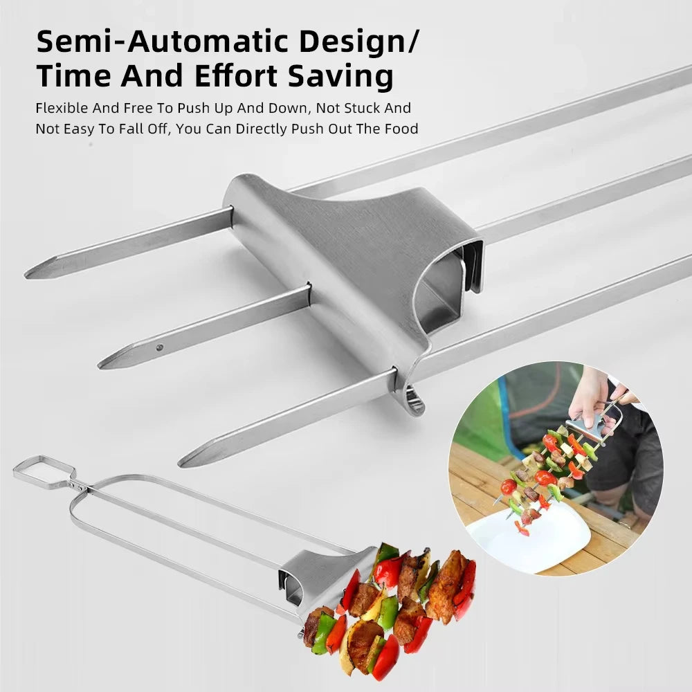 Set of 1/3 Stainless Steel Barbecue Fork BBQ Fork Practical Grilling Skewers for Meat Shrimp Kitchen Tools with Push Rod Sliders