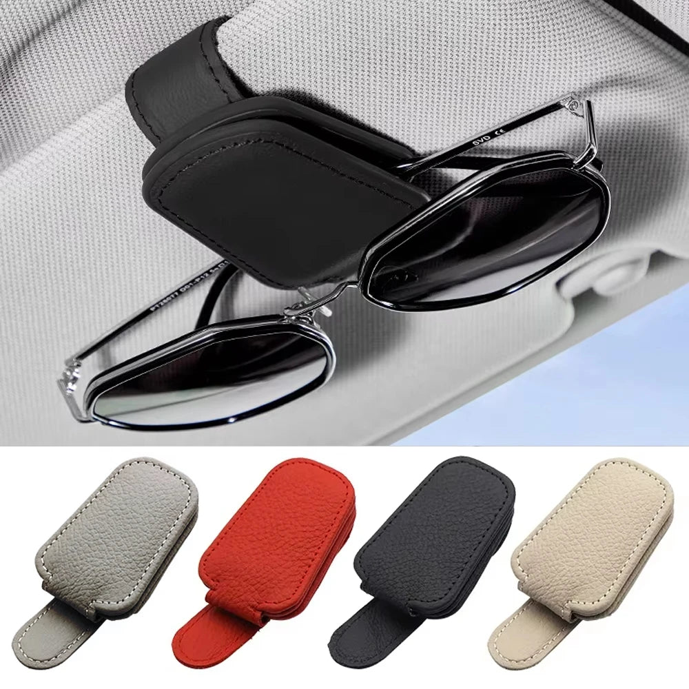 Magnetic Leather Car Sunglasses Holder, Universal Sun Visor Glasses Clip Card Ticket Storage Box Auto Interior Accessories 1PCS