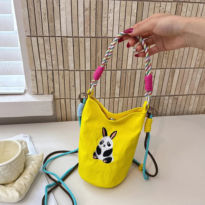 New Fashion Cute Cartoon Panda Embroidery Nylon Mini Bucket Bag Women Casual Lightweight Crossbody Shoulder Bag Small Handbag