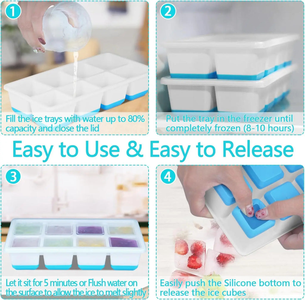 Large Ice Cube Trays 2 Pack, Silicone Easy-Release Molds with Lids, 1.8" Big Square Cubes for Whiskey & Cocktails, BPA Free & Dishwasher Safe