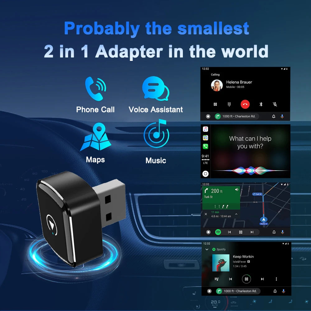 2-in-1 Wireless CarPlay and Android Auto Adapter - Plug-and-play, fast auto-connect, USB/USB-C ports, essential car accessory
