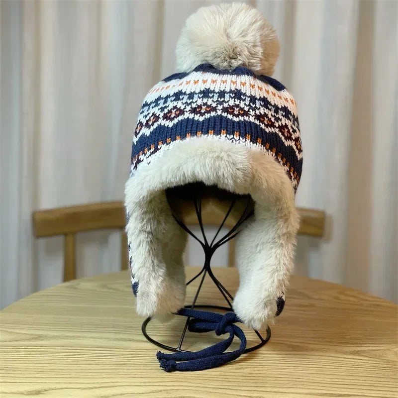 Winter Hat Women Warm Bomber  With Earflap Brand Cute Pom Fuzzy Peruvian  Ear-flapped