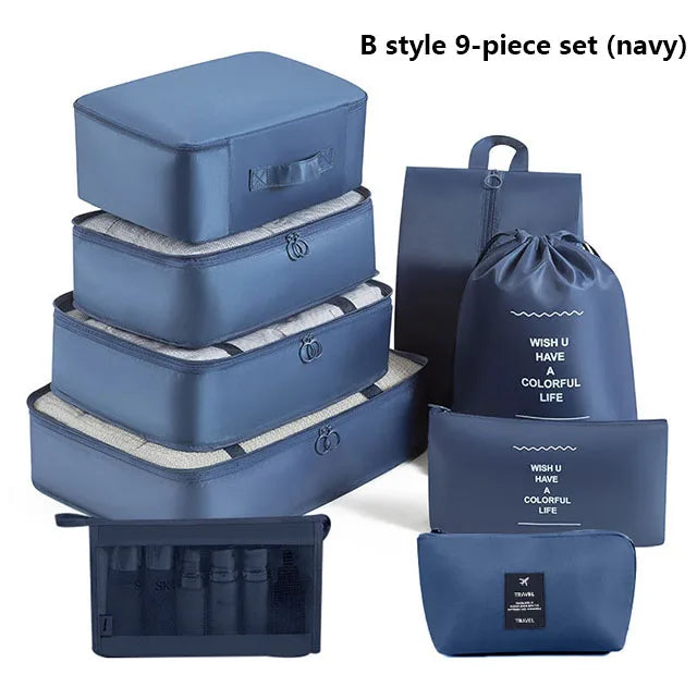 9Pcs Travel Packing Cubes Set Waterproof Luggage Organizer with Drawstring Pouches for Clothes Shoes Cosmetics Underwear - Suitc