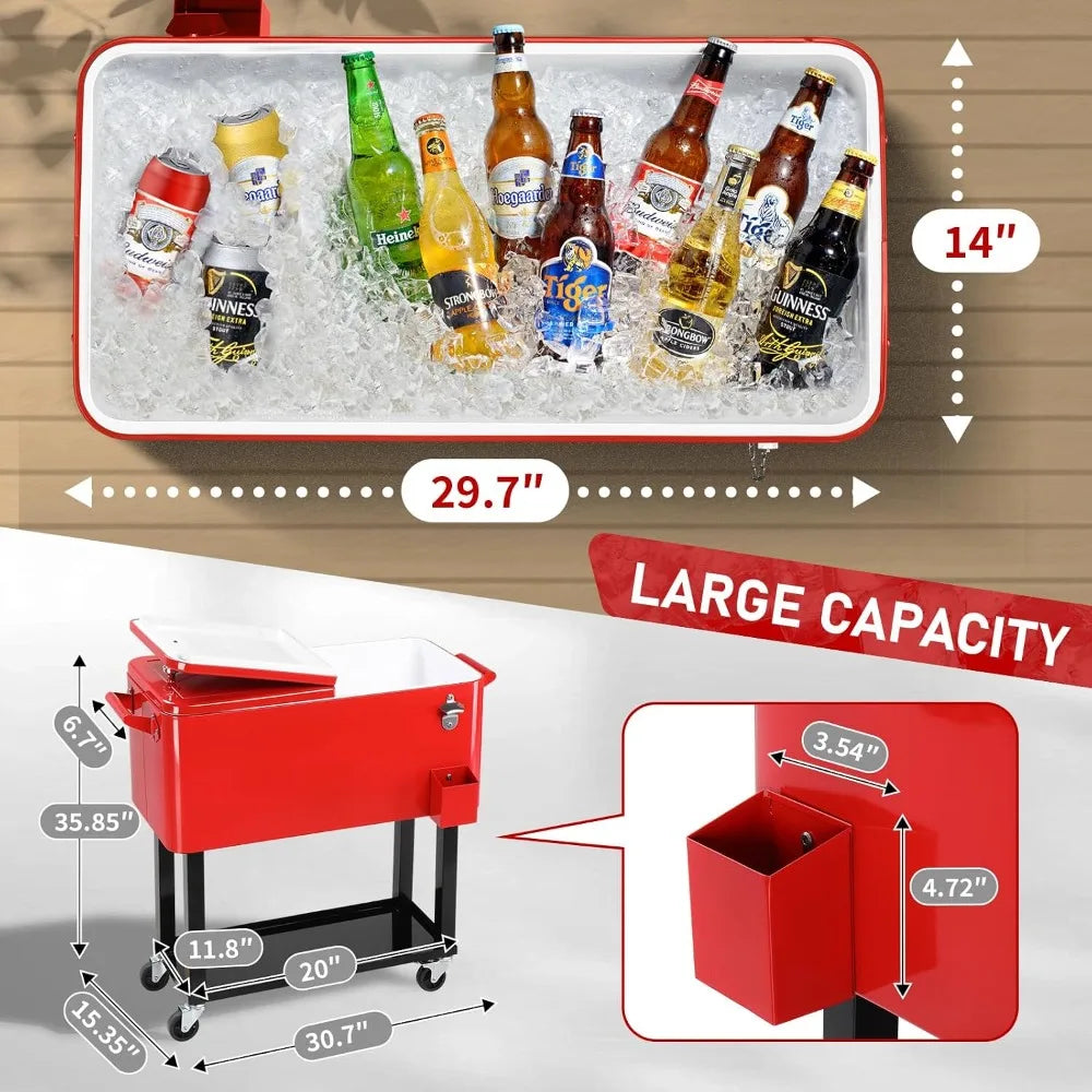 80 Quart Rolling Ice Chest,Portable Bar Drink Cooler,Catch Basin,Bottom Storage Tray & Bottle Opener, Custom